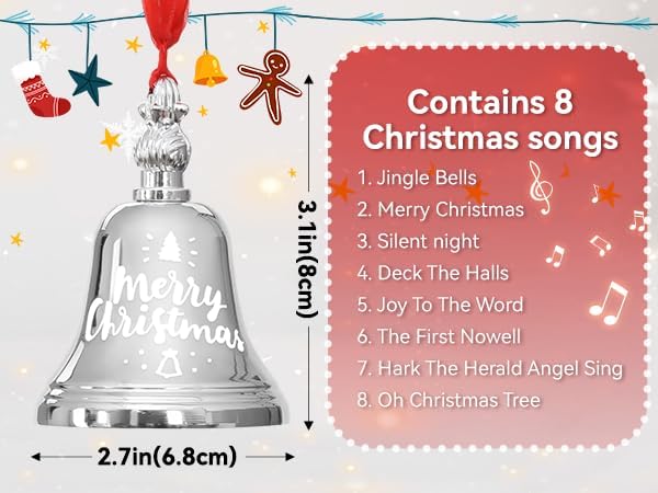 Vuskly Sliver Musical Bell Ornament with Hanging Red Yarn Rope, 8 Songs Christmas Bells for Decoration, Bells Christmas Decor for Weddings, Parties, Christmas Wreaths