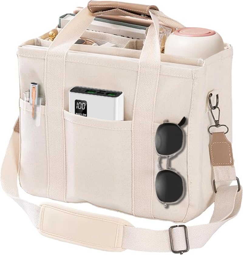 AioTio Sac à Main en Toile pour Femme Sacs à Bandoulière Homme Grande Sac Fourre Tout avec Bretelles Réglables avec Plusieurs Poches Organisée(Blanc)