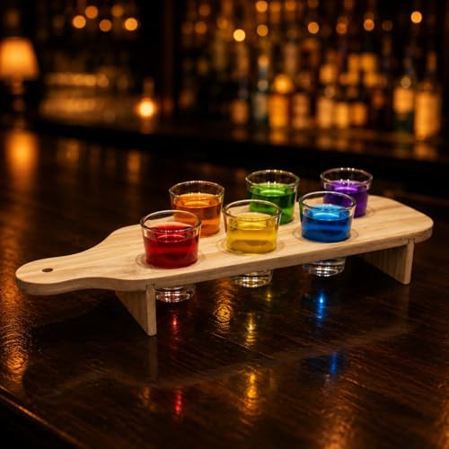 Image of Go Hooked Wooden Shot Glass & Paddle Set with 6 Glasses (30 ml Each), Serving Paddle Board with Holder Stand, Table Presentation Set for Parties, Gatherings, Hosting & Celebration Decor