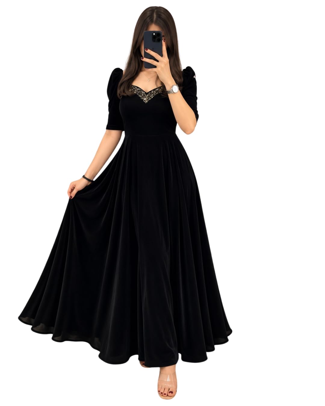 Women Velvet Gown, Full Length, Puff Sleeves, Embellished Neckline, Wedding & Festive Occasion-picture-27