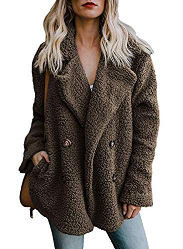 Zeagoo Womens Fuzzy Fleece Jacket Open Front Cardigan Outwear Coat with Pockets Dark Khaki, X-Large