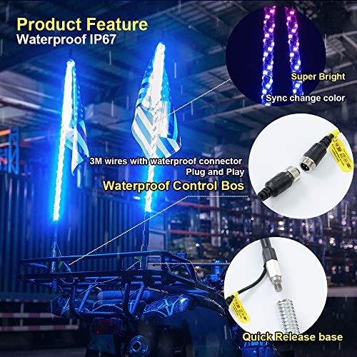 Maiker 4FT LED Whip Lights 360° Twisted Antenna Dream Wrapped Dancing Whips for Polaris RZR ATV Antenna Whip UTV Quad Sand Dune Buggy Flag Poles for Trucks w/Remote Control