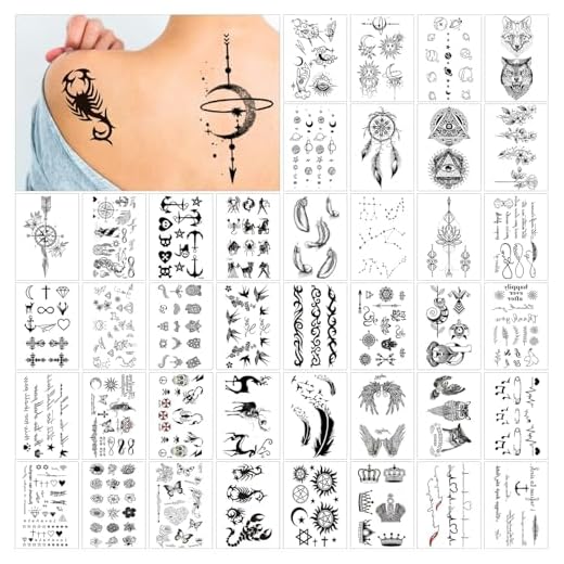 40 Hojas Tatuajes Temporales, Negro Tatuajes Falsos, Tatuajes Temporales Adultos Impermeables, Tattoo Temporal para Niños Adultos Hombres y Mujeres