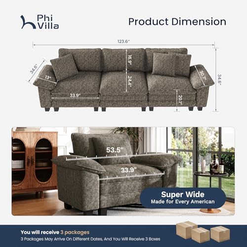 Image of PHI VILLA Modern Modular Couches Sets, 123.6 inch Cloud Sectional Sofa with Upholstered Deep Seat, 3-Seater Couch for Living Room Small Spaces, Chenille Fabric, Smoky Grey