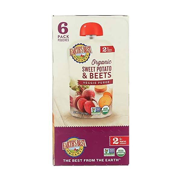 Earths-Best-Organic-Stage-2-Baby-Food-Sweet-Potato-Beets-35-Oz-Pouch-Pack-of-12 Earth's Best Organic Baby Food Pouches, Stage 2 Vegetable Puree for Babies 6 Months and Older, Organic Sweet Potato and Beets Puree, 3.5 oz Resealable Pouch (Pack of 12)