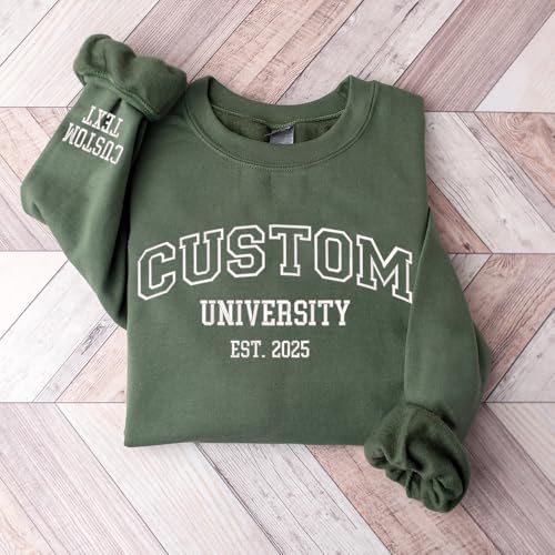 UrbanNEST Custom College Sweatshirt with Sleeve Text, Personalized University Embroidered Crewneck, Custom College Letters, Embroidered Quote for Students or Teachers4