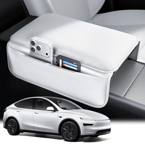 Image of Wigoo Center Console Lid Cover for Tesla Model Y Juniper & Model YL 2025-2026 (Standard, Premium & Performance) and Model 3 Highland 2024-2026, Soft Support Nappa Leather Armrest Protector, White