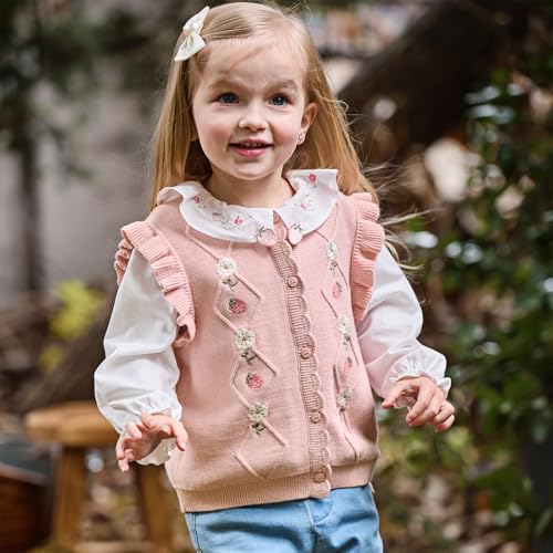 DAVE&BELLA Toddler Baby Girl Sweater Vest, Sleeveless V Neck Floral Knitted Cardigan Button Down Embroidered Flower Tank Tops2