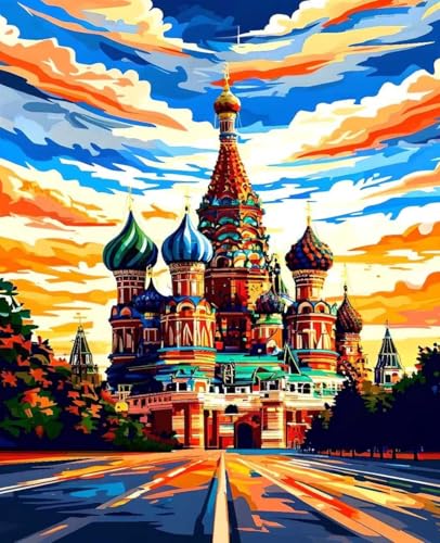 数字油絵 聖ワシリイ大聖堂 数字キットによる絵画 風景 Paint by Numbers DIYペイント 大人の 初心者 子供用 簡単に塗れる アクリル水彩絵の具 手芸 画材 手工芸 キット 3つのペイントブラシと1つのセットのアクリル顔料を使用 ホーム
