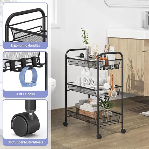 Image of KRISHYAM 3-Tier Slim Rolling Utility Cart with Wheels, Metal Mesh Storage Trolley for Kitchen, Fruits, Vegetables, Bathroom & Office Organizer (3-Layer Rectangular)