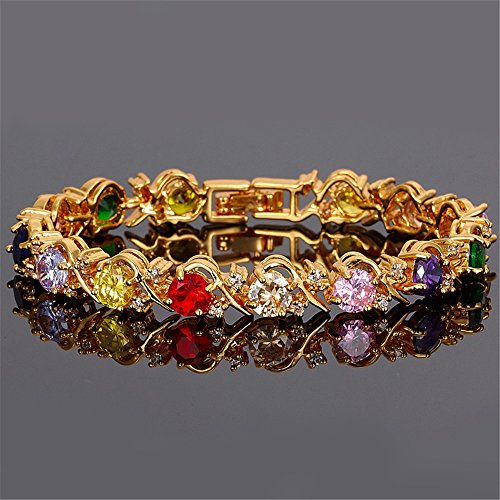 Rizilia LB1224MXA Blossom Tennis Bracelet & Round Cut Cz [Simulated Multi-Color] In Yellow Gold Plated thumb #3