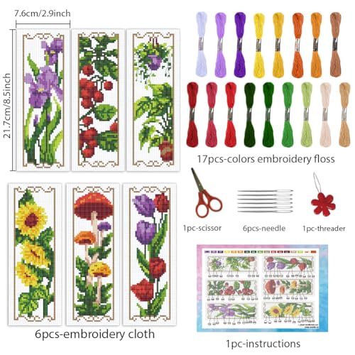 Image of INFUNLY 6PCS Flower Plants Cross Stitch Bookmark Kit for Adults Tulip Sunflower Cross Stitch Kits DIY Crossstitch Kit Green Leaf Stamped Embroidery Bookmark Kits with Instructions for Book Lovers