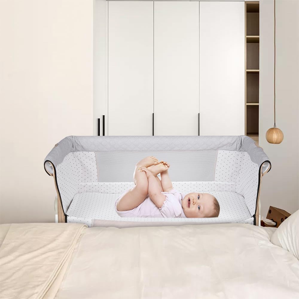 COSTWAY 3 en 1 Lit Cododo Bébé avec Matelas & 5 Hauteur Réglable, Lit Bébé Evolutif avec Inclinaison 3-8°, Roues avec Frein, Sac de Transport, Charge 9kg pour 0-6 Mois, 84x48x80cm (Beige