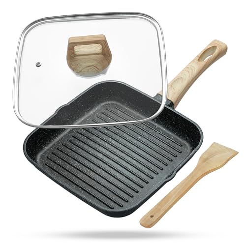 Image of Lifelong Diecast Aluminium Square Grill Pan 25cm with Wooden Spatula & Glass Lid | 1.2L, 1.56kg |Even Heat Distribution, Toxin & Teflon Free, Non-Stick & Durable | Perfect for Fish,Omelettes & Veggies
