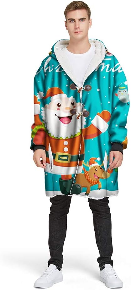 XIANV Men's Hooded Jacket, Winter Thicken Long Sleeve Sweatshirt Blanket Jacket Santa Print,B,XXL