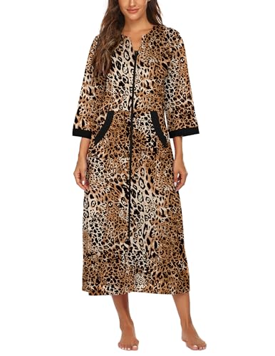 Image of Ekouaer Women Zipper Robe 3 /4 Sleeves Loungewear Dress Full Length Sleepwear Pockets Housecoat Nightgown Long Bathrobe