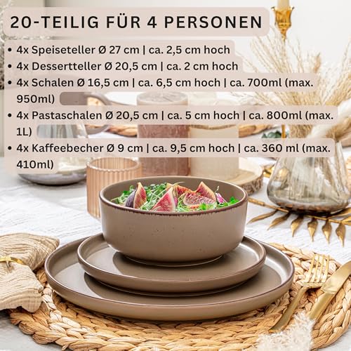 SÄNGER Bombay Oak | Kombiservice 20 teilig, Steingut Geschirr 4 Personen, 4x Speiseteller 4x Dessertteller 4x Schalen 4x Pastateller 4x Kaffeebecher, Teller Set modern | VALUE COLLECTION