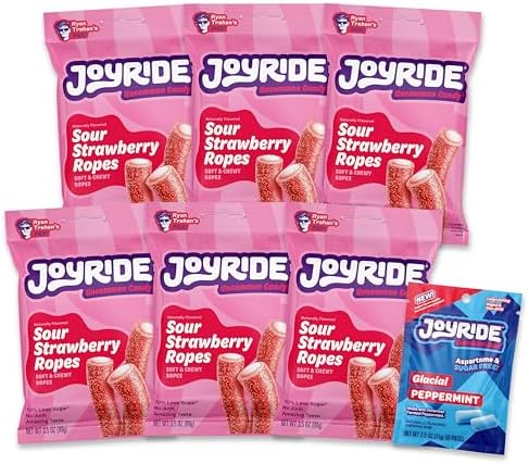 JOYRIDE Sour Strawberry Ropes - Low Sugar Healthy Candy, 6-Pack Bundle