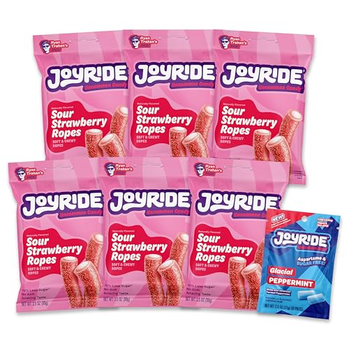 JOYRIDE Sour Strawberry Ropes - Low Sugar Healthy Candy, 6-Pack Bundle
