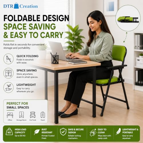 Image of Foldable Cushioned Chair with Armrests | Heavy Duty Metal Frame | Soft Padded Seat & Backrest | Space Saving Folding Chair for Home, Office, Study & Guest Seating | Green