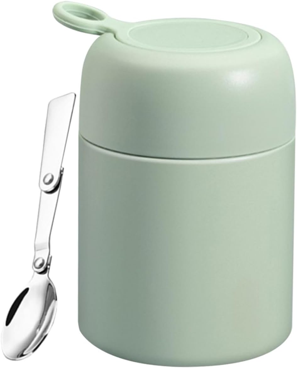 Ciieeo Insulated Breakfast Cup with Foldable Spoon 500ml Thermal Food Jar Vacuum Sealed Portable Soup Container for Students and Office Workers, Green