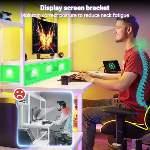 Image of DurayLoly White Computer Desk with Hutch, Small Teen Desk with Power Outlets and RGB Light to Protect Eyes, Reversible Workstation with Printer Space & Monitor Stand for Home Office Space