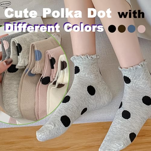 VIBCICY 5 Packs Ruffle Polka Dot Socks, Frilly Ankle Socks with Cartoon Dot Pattertn for Women, Breathable Knit Cotton4