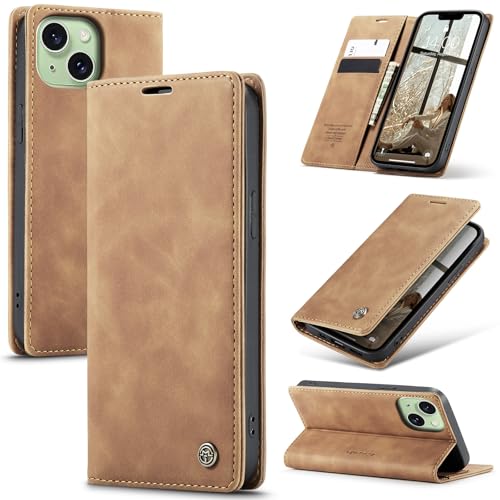 Azororo Funda para iPhone 15 Plus 5G PU Cuero Premium, Tapa Libro Estuche Flip Case, Tarjetas/Billetera, Soporte Plegable y Cierre Magnético Carcasa para iPhone 15 Plus  Marrón