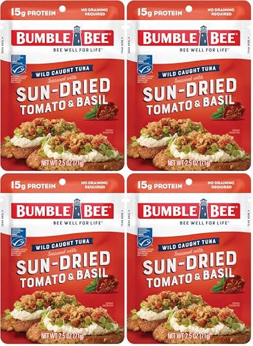 Bumble Bee Sun-Dried Tomato & Basil Seasoned Tuna, 2.5 oz Pouch - Ready to Eat - Wild Caught Tuna Packet - 15g Protein per Serving - Gluten Free (Pack of 4)