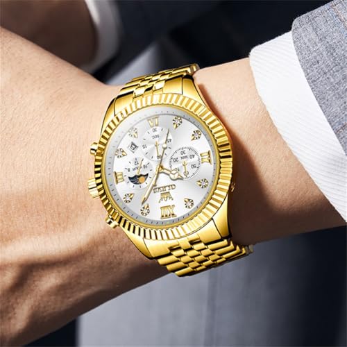 Image of OLEVS Watch for Men Analog Quartz Stainless Steel Moon Phase Calendar Chronograph Diamond Watches Waterproof Wrist Watch Luminous
