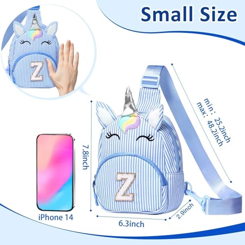 Image of COSHAYSOO Blue Little Girls Purse Unicorn Easter Basket Stuffers 3 4 5 6 7 8 Year Old Girl Birthday Gifts, Kids Crossbody Bag Fanny Pack Spring Break Fashion Cute Essentials Initial Letter Z