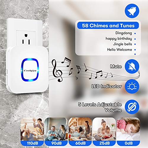 Wireless Doorbell, Coolqiya Door Bell Chimes Kit With 3 Plugin Receivers And 2 Remote Waterproof Push Buttons, Operating Range Up To 1000 Feet, 58 Melodies And 5 Volume Levels, Led Flash, White #TOP2