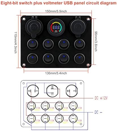 RUIZHI 8 Gang Rocker Switch Panel 12-24V Toggle Switch Panel Dual USB Charger Cigarette Lighter Socket with Digital Voltmeter for RV Car Boat Truck