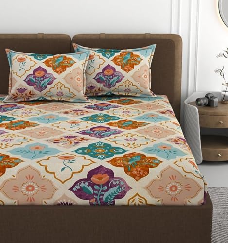 Image of VOMZER Cotton King Size Flat Bedsheet for Double Bed, 1 Cotton Bed Sheet Double Bed (90x100 Inches) with 2 Pillow Cover, Bird Flower