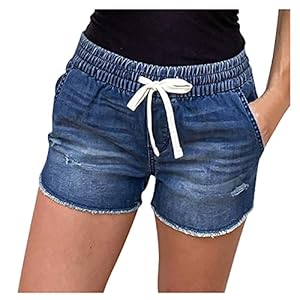 WWricotta Pantacourt Femme Jean – Taille éLastique Jean Trouer Femme Jean Oversize Coupe Droite Mini Short en Jean Cadeau D’éTé