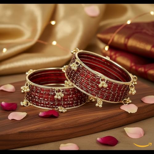Image of Kashmiri Ghangharoo Glass Bangle Set for Women| Light Weight Bangles | Traditional Transparent Fancy Glass Chudi Set for Wedding, Party|Set Of 16(12 Glass + 4 ghungroo bangles)