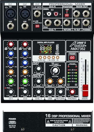Audio2000'S 7-Channel Professional Mixer, USB Interface, 16 DSP Effects, Phantom Power
