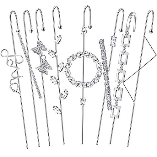 8 Pieces Ear Cuff Wrap Crawler Hook Earrings Cubic Zirconia Rhinestone Cuff Earring Climber Piercing Earrings for Women (Silver) (Silver)