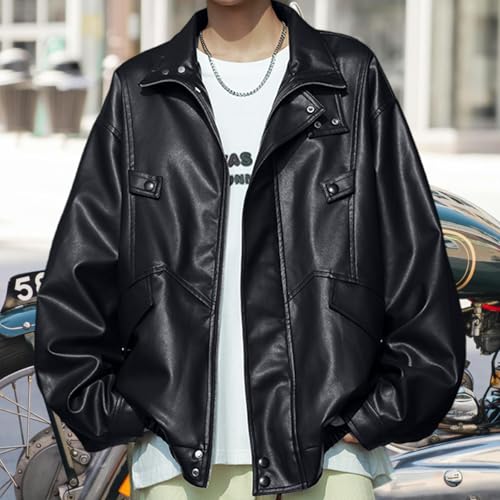 Image of Mens Faux Leather Jacket Full-Zip Stand Collar Outerwear Lightweight Motorcycle Jacket