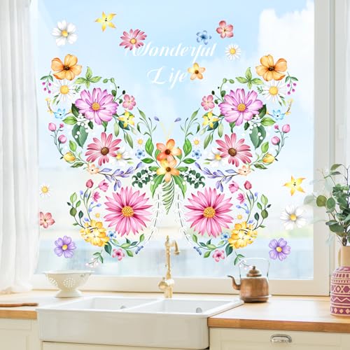 Supzone Colorful Flower Butterfly Window Clings Decals Double Sided Wildflower