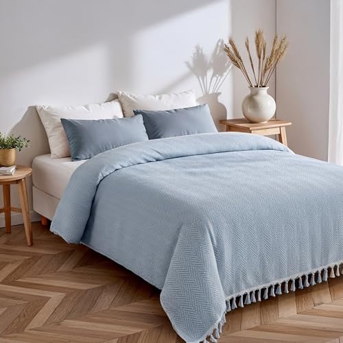 Loomvia Tagesdecke 200x220 cm aus 100prozent Baumwolle | Türkis | Weiche Baumwolldecke als Kuscheldecke, Bettüberwurf und Sofa Überwurf | Decke Baumwolle für Couch und Bett | Boho Decke