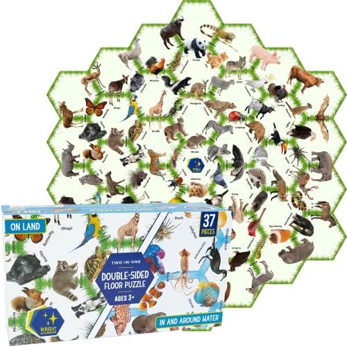 Educational Matching Double-Sided Floor Puzzles with Real Life Pictures and Words for Kids Ages 3-5 4-8, Unique Hexagonal Shapes, Preschool Learning Activities - Land & Water Animals (37 Pcs, 26"x29")