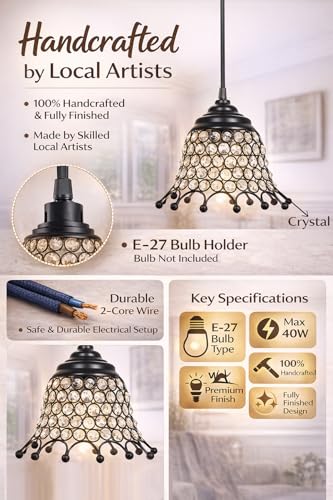 Image of Modern Crystal Pendant Light for Bedroom & Living Room | Decorative Hanging Ceiling Lamp | Warm White Ambient Light | Black Metal Frame Chandelier (Royal Victorian Bell)
