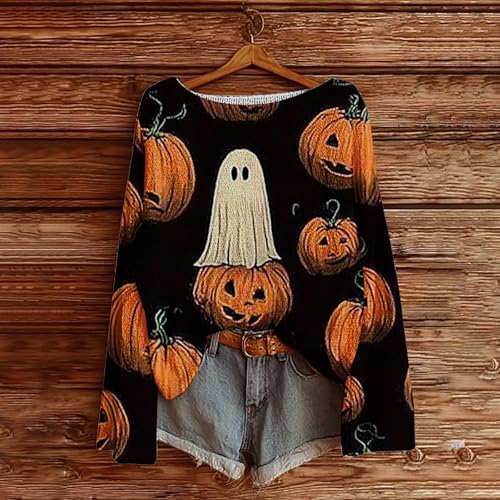 Halloween Sweaters for Women Cute Ghost Spooky Season Pumpkin Sweater Fall Crewneck Vintage Boho Pullover Tops2