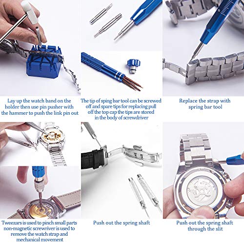 Image of Kingsdun Watch Repair Kit, Professional 208Pcs Watch Battery Replacement Tool Watchband Link & Back Remover, Spring Bar Tool Kit with Carrying Case & Instruction Manual (Blue)