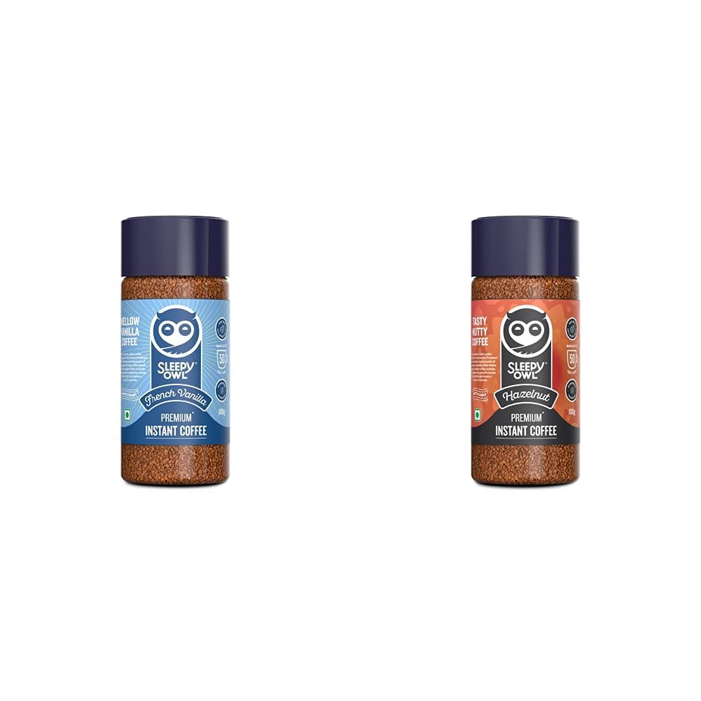 Sleepy Owl 100Gm Premium Instant Coffee|2 Flavours - Hazelnut, French Vanilla|100% Arabica|Makes 100 Cups|Make Café Style Hot Or Cold Coffee, Cappuccino, Espresso, Latte At Home - Ground, Jar