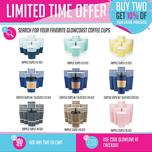 Glowcoast Disposable Coffee Cups With Lids - 16 oz To Go Coffee Cup (80 Set). Large Travel Cups Hold Shape With Hot and Cold Drinks, No Leaks! Insulated Ripple Cups Protect Hands, No Sleeves needed!