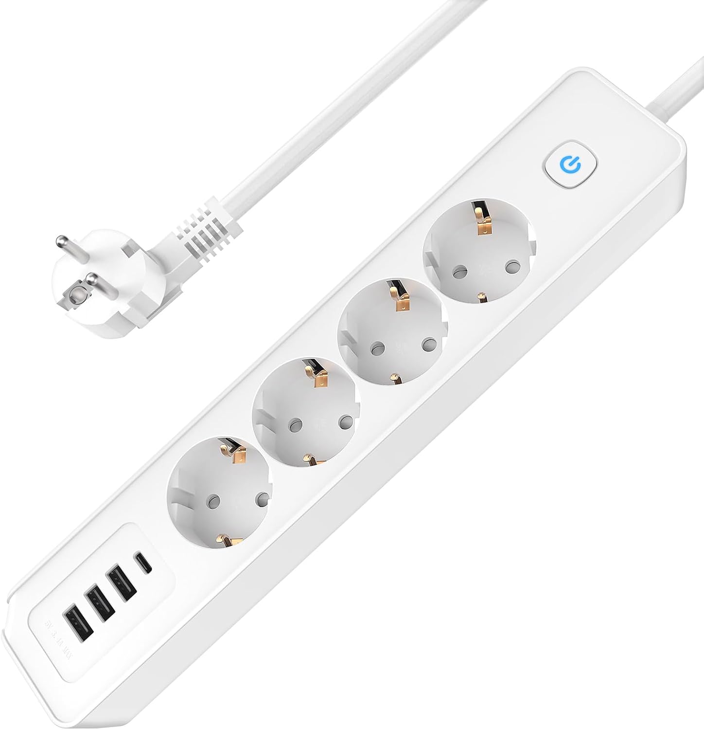 Power Strip with USB C 4-Way Multiple Socket with Switch Multiple Plug Power Strip Surge Protection Wall Mounting 3680 W 16 A Extension Cable 1.8 m Distribution Socket for Home White