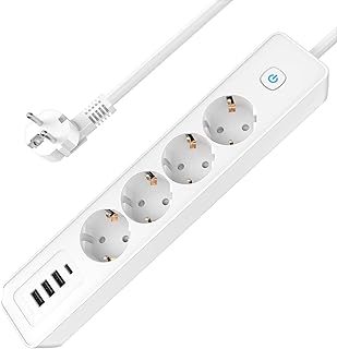 Steckdosenleiste mit USB C 4 Fach Mehrfachsteckdose mit Schalter, Mehrfachstecker Steckerleiste Überspannungsschutz Wandmontage 3680W 16A Verlängerungskabel 1.8M Verteilersteckdose für Heim Weiß