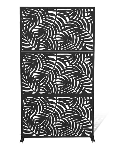 FOOWIN Metal Privacy Screen Outdoor, 72" H×47" W Privacy Fence, Privacy Fence Panels Freestanding,for Patio Garden Balcony,Bamboo Leaf-Black